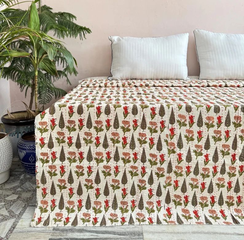 Hand Block Printed Cotton Beautiful Kantha Quilt