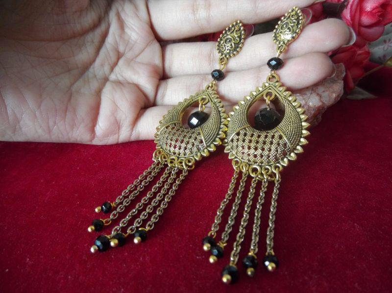 Golden Oxidized Earrings With Crystal Drops