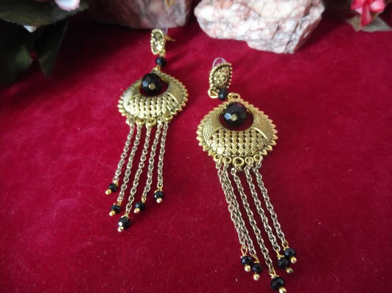 Golden Oxidized Earrings With Crystal Drops