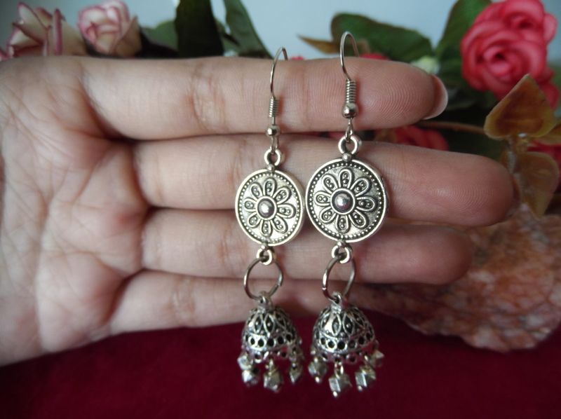 Silver Color Oxidized Earrings With Matte Beads