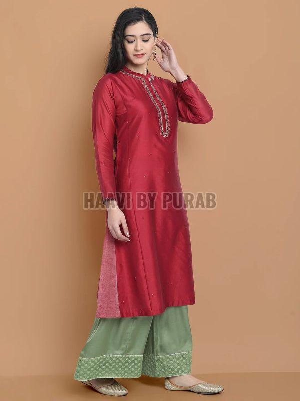 Ladies Embroidered Chanderi Silk Kurta With Farshi Palazzo