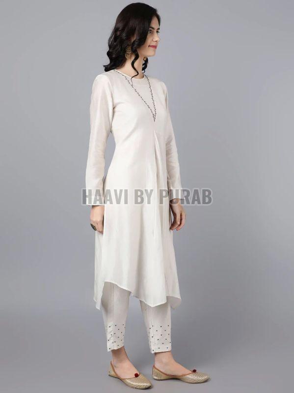 Ladies Ivory Chanderi Silk Asymmetric Kurta With Pencil Pant