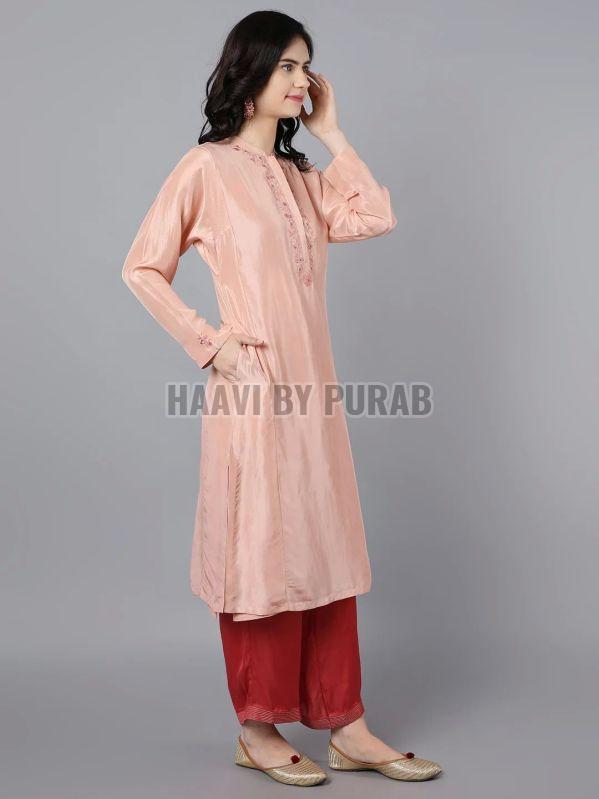 Ladies Cupro Silk Collar Neck Kurta With Farshi Pant