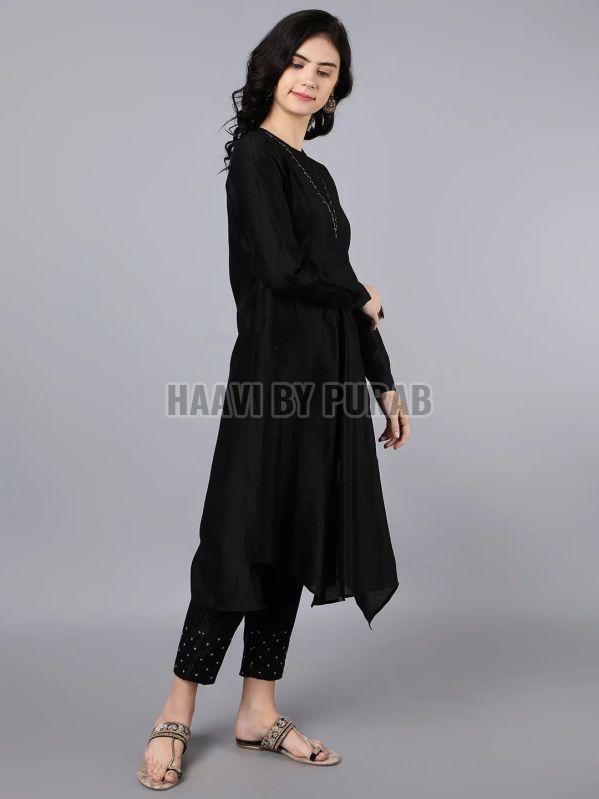 Ladies Black Chanderi Asymmetrical Kurta With Pencil Pant