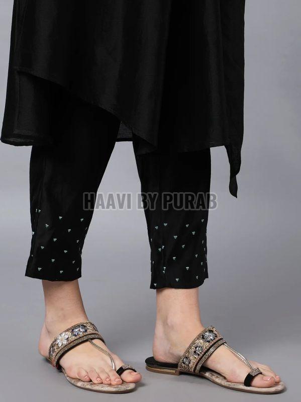 Ladies Black Chanderi Asymmetrical Kurta With Pencil Pant