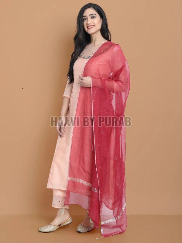 Ladies Yarn Dyed Chanderi Kurta With Embroidered Pant