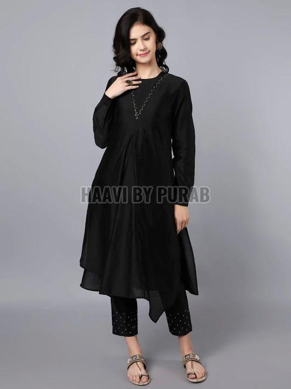 Ladies Black Chanderi Asymmetrical Kurta