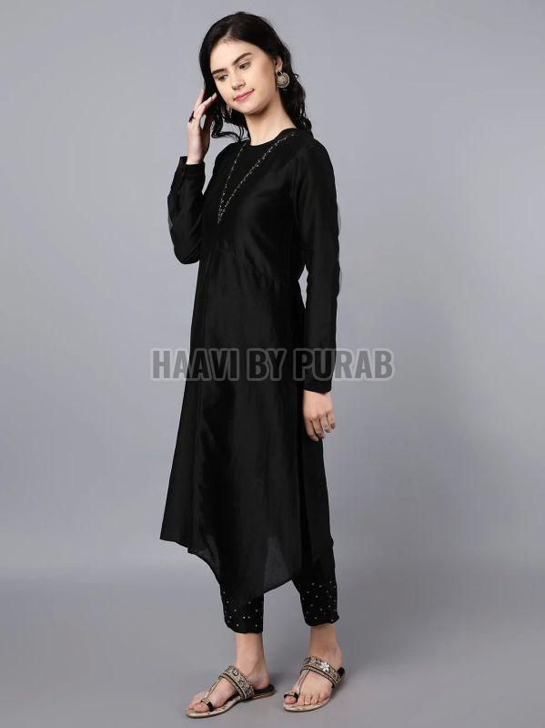 Ladies Black Chanderi Asymmetrical Kurta With Pencil Pant