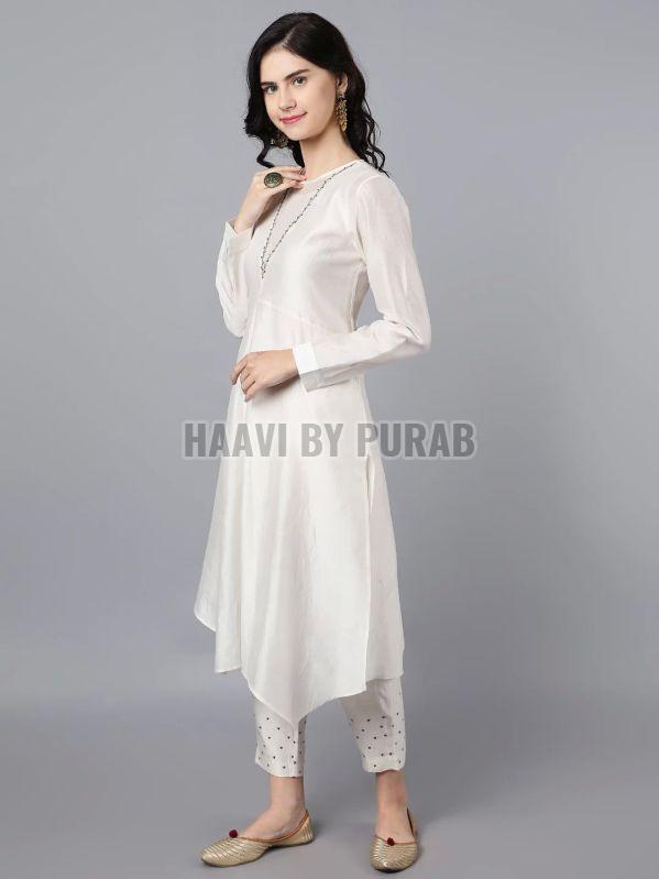 Ladies Ivory Chanderi Silk Asymmetric Kurta With Pencil Pant