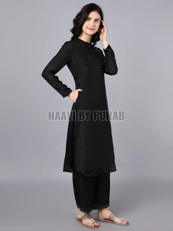 Ladies Cupro Silk Black Kurta With Farshi Pant