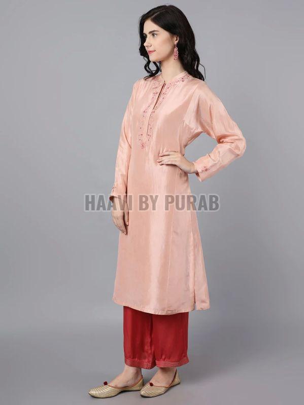 Ladies Cupro Silk Collar Neck Kurta With Farshi Pant