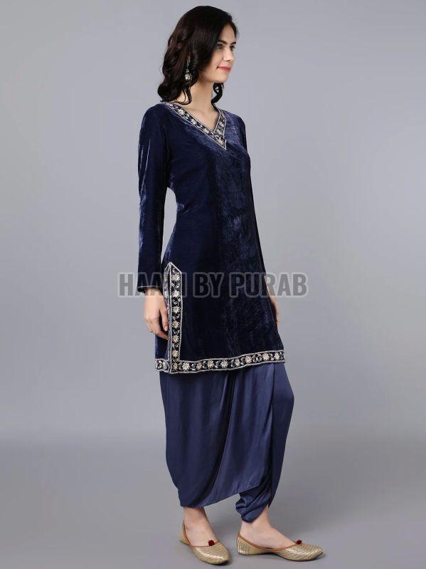 Ladies Blue Viscose Velvet Kurta