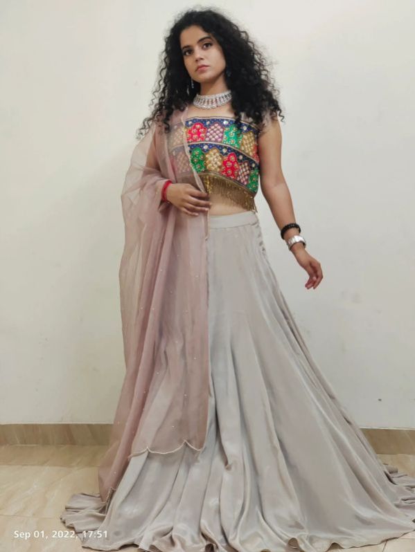 Beige Embroidered Crop Top Kalidar Skirt Set