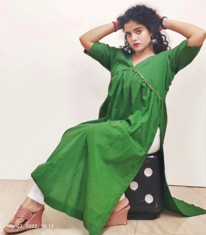 Green Gathered Cotton Kurta