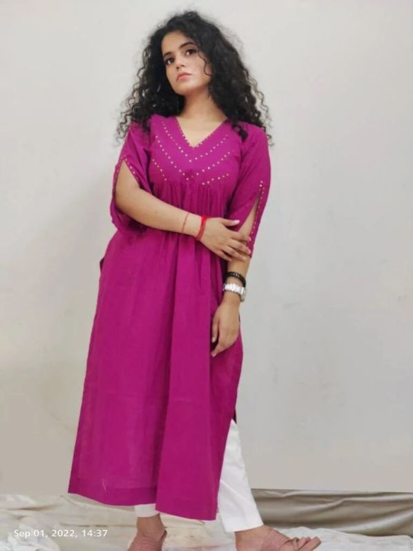 Magenta Hand Embroidered Gathered Kurta