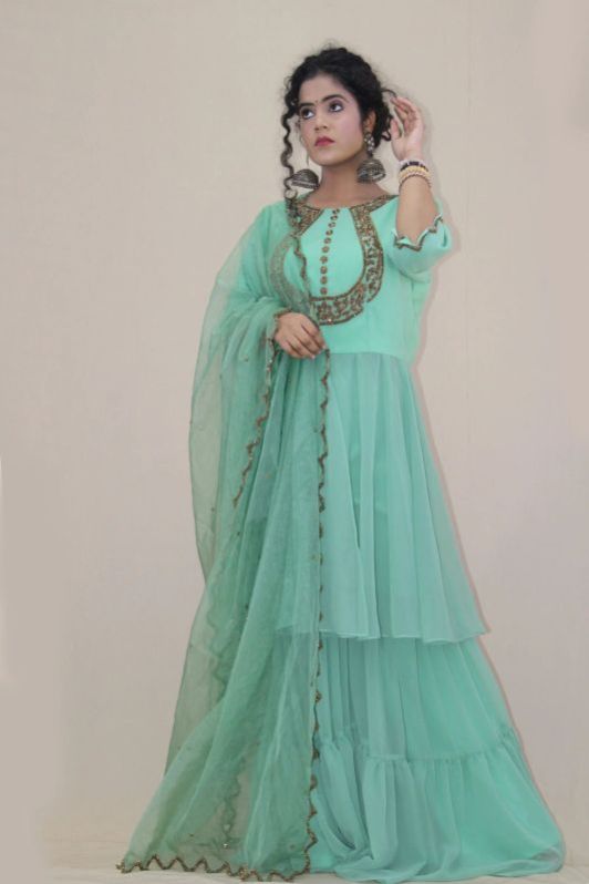 Mint Green Georgette Hand Embroidered Anarkali Suit Set
