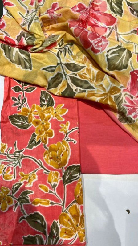 Pink Flower Printed Cotton Unstitched Suit