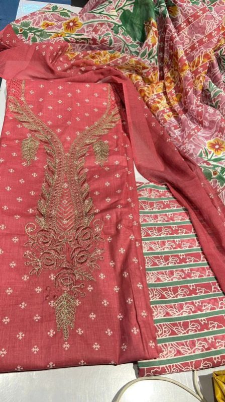 Red Cotton Unstitched Suit Set