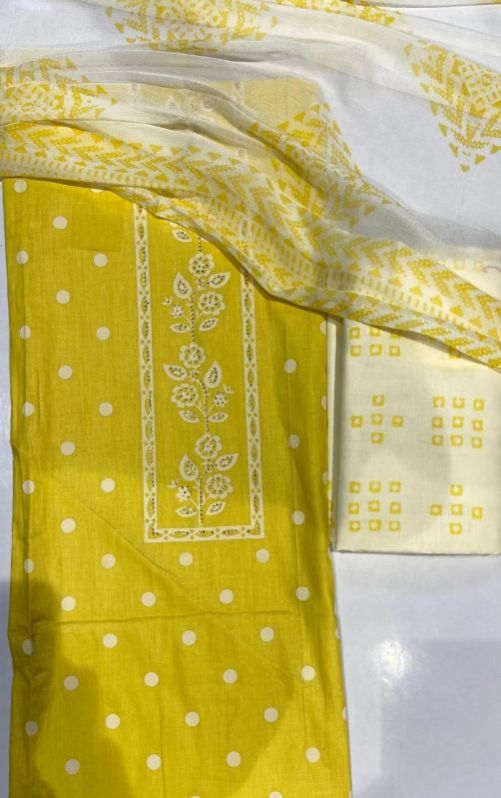 Yellow Printed And Embroidered Unstiched Suit