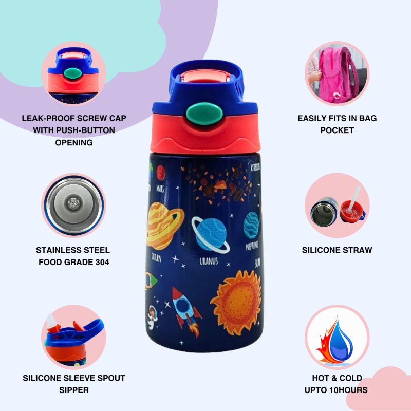 Voik Sippy Solar Stainless Steel Water Bottle With Straw