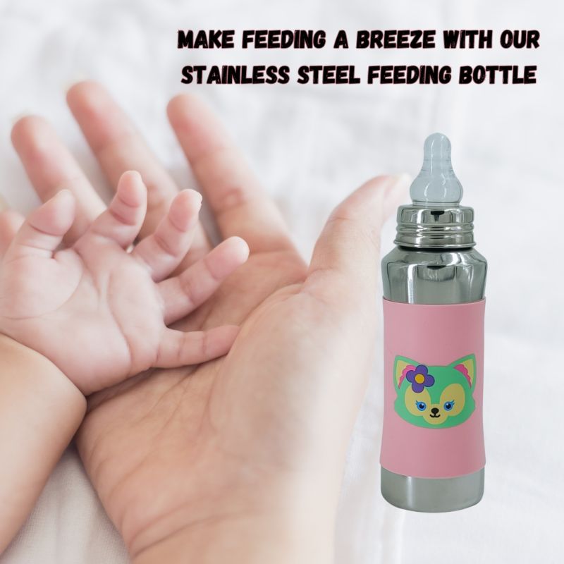 Voik Vega Silicone Sleeve Pink Cat Print Baby Feeding Bottle 240ml