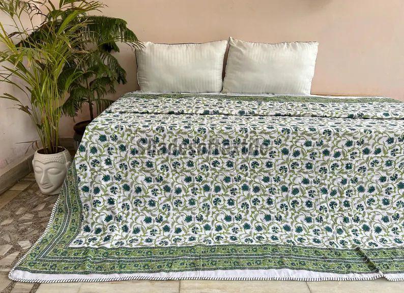 Green Hand Block Printed Cotton Throw Blanket