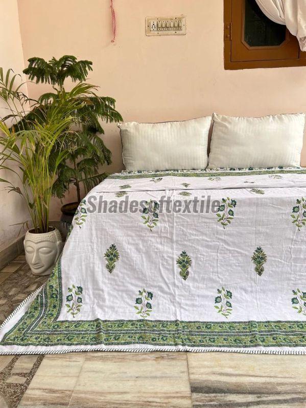 Green Hand Block Printed Cotton Throw Blanket