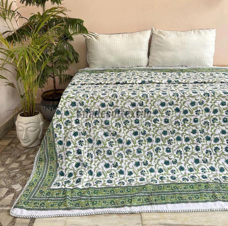 Green Hand Block Printed Cotton Throw Blanket