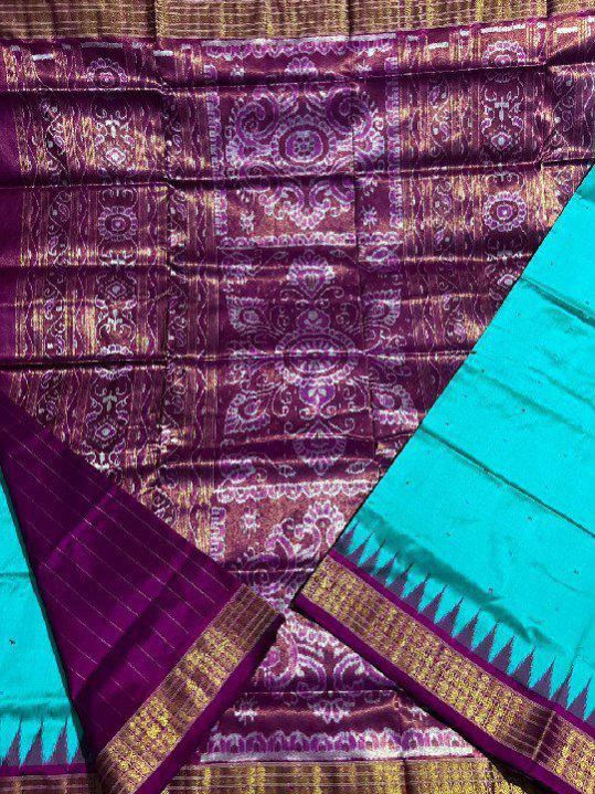 Ladies Maroon & Sky Blue Sambalpuri Original Silk Saree
