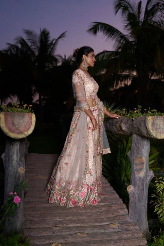 Ladies Floral Peach Embroidered Lehenga