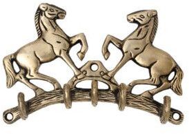 Brass Five Hooks Holder and Hanger With Two Standing Horses
