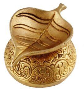 Brass Pepal Leaf Oil Lamp Diya On Decorative Base