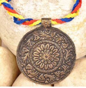 Bronze Circle Pendant With Flower Etched