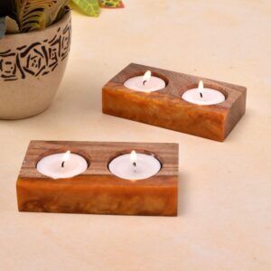 Wood Orange Epoxy Resin Tea Light Candle Holder
