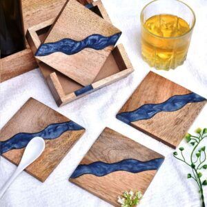 Handmade Prussian Blue Epoxy River and Acacia Wood Coaster