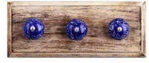 Navy Blue Leaf Floral Ceramic Wooden Hooks