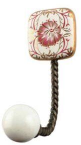 Pink Flower Square Ceramic Wall Hook In Antique Fitting