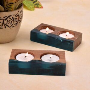 Wood and Epoxy Translucent Aqua Tea-light Holder