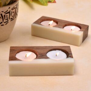 Wood Tea-light Holder With A White Resin Finish