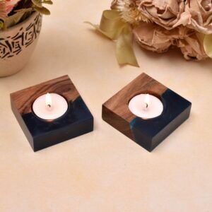Wooden Square Tea Light Holder – Dark Blue