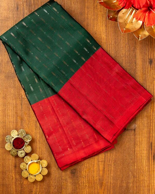 Bottle Green And Red Kanjivaram Soft Silk Saree