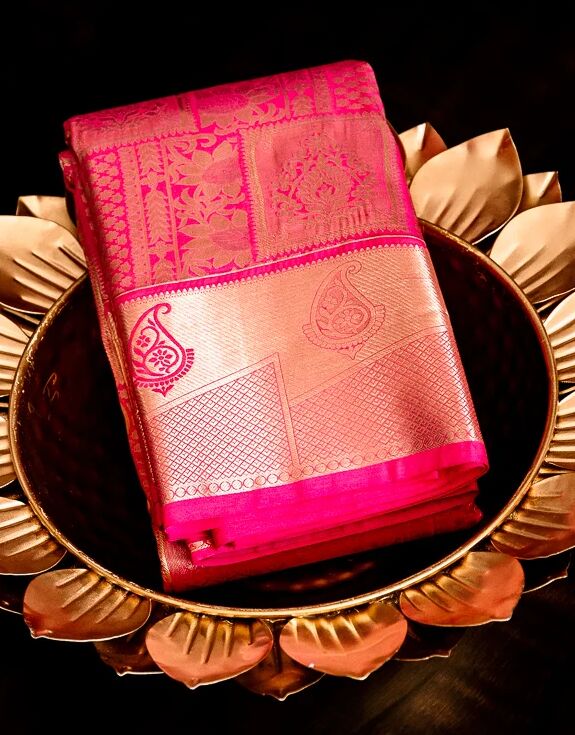 Pink And Gold Toned Ethnic Motifs Zari Semi Kanjivaram Silk Saree