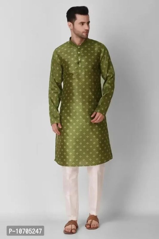 Reliable Green Silk Blend Knee Length Kurta For Men