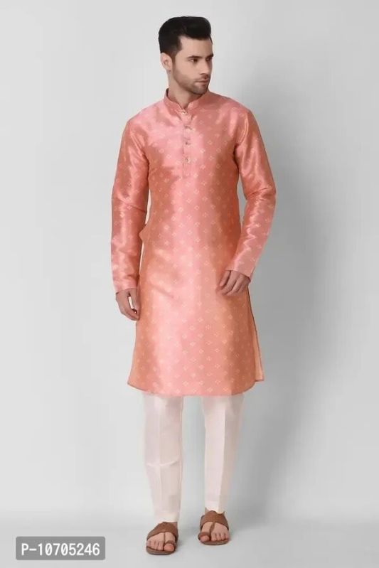 Reliable Peach Silk Blend Knee Length Kurta For Men