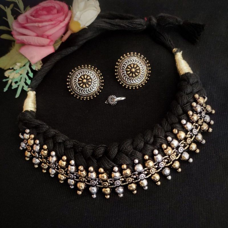 Oxidised Black Thread Choker Set