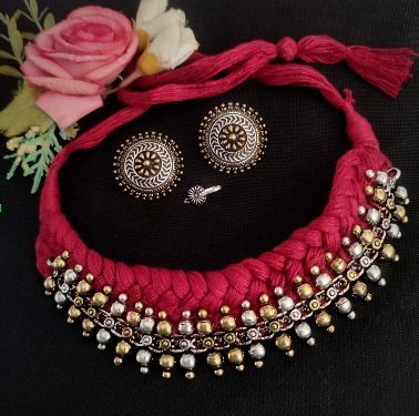 Beautiful Oxidised Dark Pink Thread Choker Set