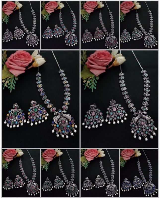 Multicolor Silver Long Necklace Set