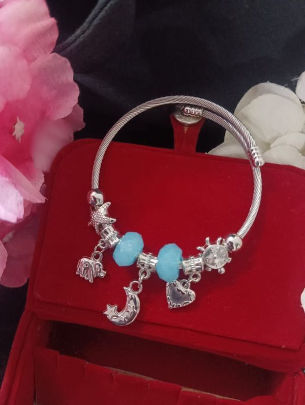 Ladies Silver Blue Stone Charms Bracelet