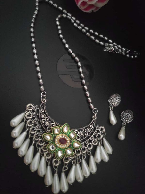 Ladies Silver Oxidised Long Necklace Set