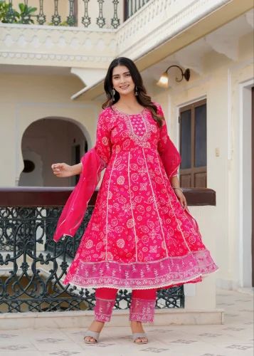 Ladies Cotton Pink Embroidered Anarkali Suit